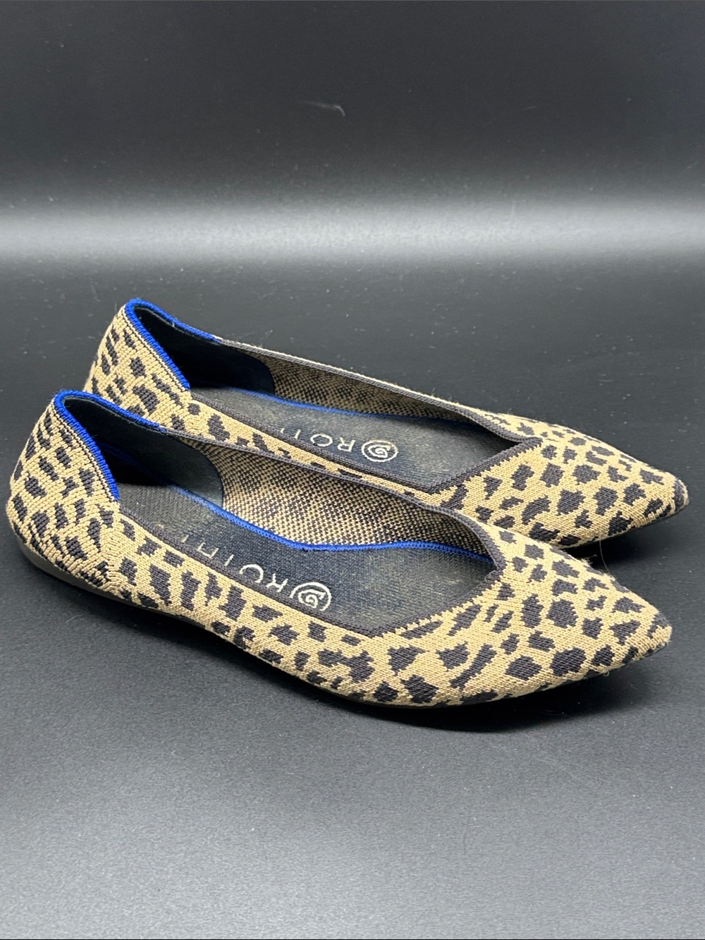 Rothy's Leopard Print Pointed Flats with Blue Trim Sz 7